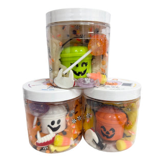 EGKD Candy Corn Scented Mini Halloween Dough-To-Go Jar
Set of Halloween-themed candy containers with ghost, pumpkin, and ghost designs on a white background.
