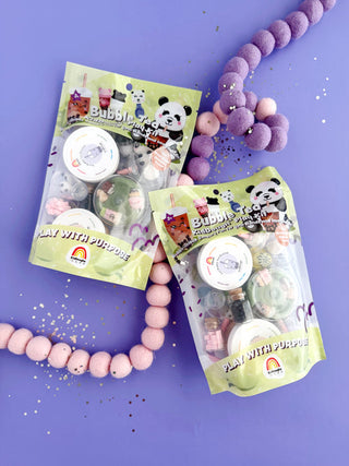EGKD Earth Grown KidDoughs Bubble Tea KidDough Play Kit 
Two packages of bubble tea toys with panda designs on a purple background.