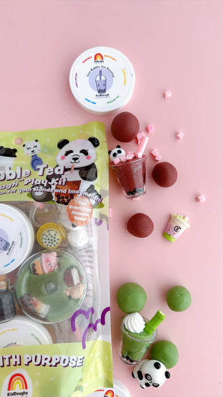 EGKD Earth Grown KidDoughs Bubble Tea KidDough Play Kit  
Panda-themed bubble tea play kit with green and brown toys on a pink background