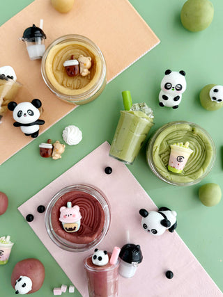 EGKD Earth Grown KidDoughs Bubble Tea KidDough Play Kit  
Assorted desserts and drinks with panda-themed decorations on a colorful background