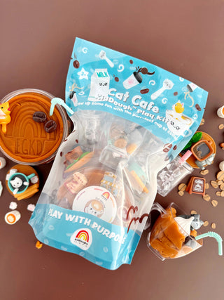 EGKD Earth Grown KidDoughs Cat Cafe KidDough Play Kit 
Cat Cafe toy set with packaging on a brown background