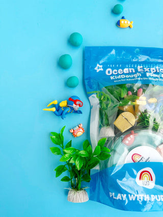 EGKD Earth Grown KidDoughs Ocean Explorer KidDough Play Kit  
Ocean-themed play dough set with packaging on a blue background