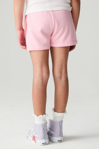 Chaser Multi Stripes Girls Shorts
A child shown from the back wearing light pink shorts with a darker pink side stripe, a white top, white socks, and white sneakers on a light gray studio background.