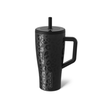Brumate Era 30oz - Onyx Leopard
Black travel mug with leopard print pattern and handle on a white background