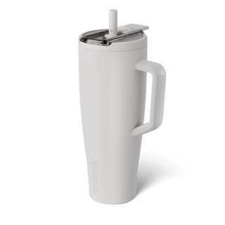 Brumate Era Flip 40oz cup in Dune color with a spill-proof lid, designed for hot and cold beverages, shown with a straw.