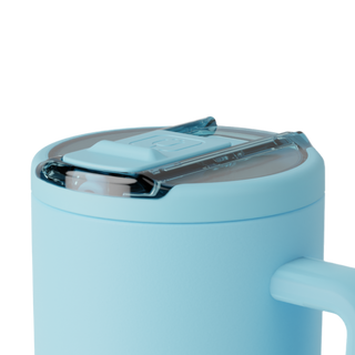 Brumate Era Flip 30oz cup with Glacier lid showing close-up of flip lid and durable design for keeping drinks cold.