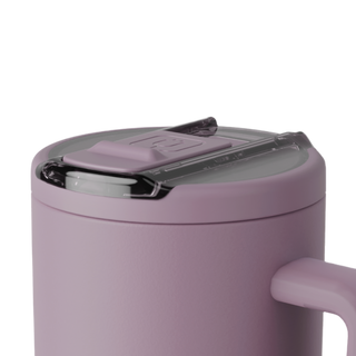Brumate Era Flip 40oz cup with Lilac Dusk lid, close-up of flip lid showing purple color and durable design.