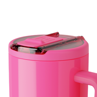 Close-up of a neon pink Brumate Era Flip 40oz cup with a secure lid, showcasing its vibrant color and durable design.