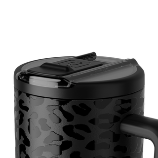 Brumate Era Flip 30oz cup with Onyx Leopard design, close-up of lid showing black and leopard print pattern.