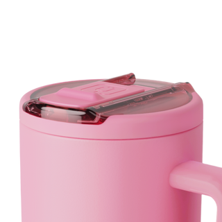 Close-up of the Brumate Era Flip 30oz cup in Primrose color with the flip lid open, showing the stylish design and durable material.