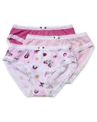 Esme 3pc Panty Set - Charms
Two pairs of pink girls' underwear with lace trim on a white background