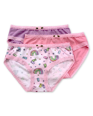 Esme 3pc Panty Set - Dreamy
Set of three pink girls' underwear with rainbow and cartoon designs on a white background
