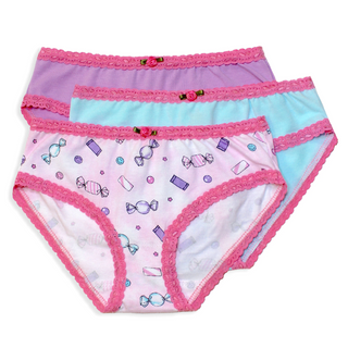 Esme 3pc Panty Set - Pink Candy
Three pairs of women's low-rise briefs arranged in a fan layout on a white background. The front pair is light pink with a candy print and pink lace trim.