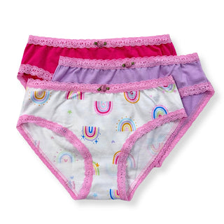Esme 3pc Panty Set - Rainbows
Three pairs of girls' lace-trim briefs stacked on a white background. The front pair is white with a colorful rainbow print and pink trim.