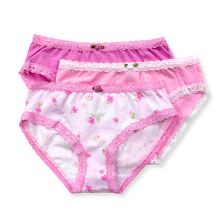 Esme 3pc Panty Set - Rosie
Three pairs of girls' pink underwear stacked together on a white background. The top pair is solid magenta pink with white lace trim.