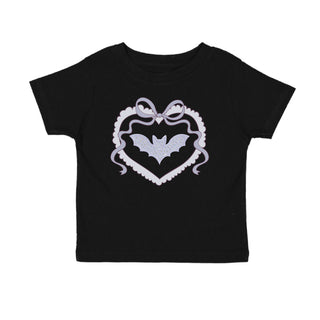 Sweet Wink Rhinestone Bat Patch Halloween Short Sleeve T-Shirt
A black short-sleeve baby t-shirt featuring a glittery silver graphic of a bat inside a heart-shaped frame with a bow on the chest, shown against a plain white background.