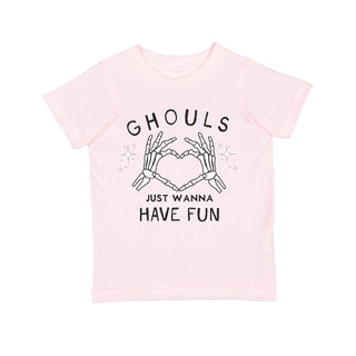 Sweet Wink Ghouls Just Wanna Have Fun Halloween Short Sleeve T-Shirt
A light pink short-sleeve t-shirt with a black graphic print of skeleton hands forming a heart shape, with the text 'GHOULS JUST WANNA HAVE FUN' on a solid white background.