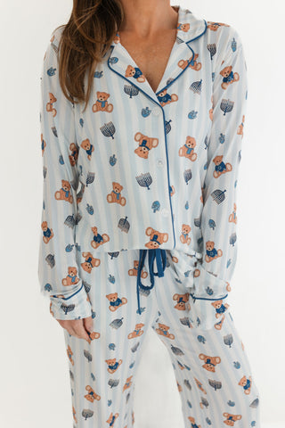 In My Jammers Hanukkah Bears Women's Set
Woman wearing a pajama set with teddy bear pattern on a white background