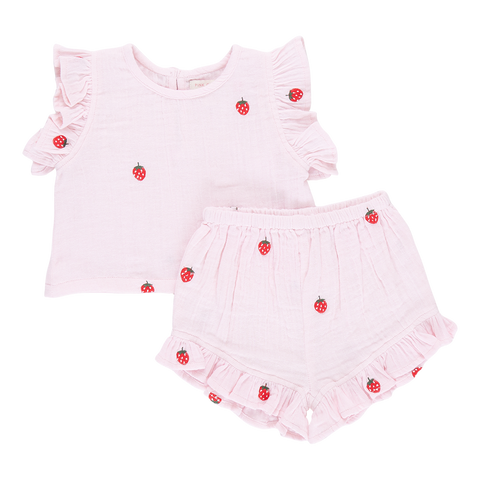 Pink Chicken Baby Girls Roey 2-Piece Set - Strawberry Embroidery