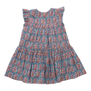Pink Chicken Girls Fiona Ruffle Dress - Blue Paisley Children's dress with a floral pattern on a white background