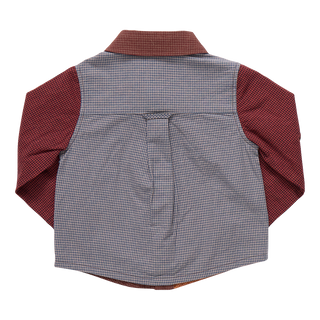 Blue Rooster Boys Jack Shirt - Mixed Checks
Back view of a gray checkered shirt with red plaid sleeves on a white background
