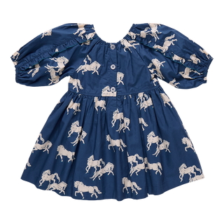 Pink Chicken Girls Katya Dress - Wild Horses
Blue dress with white horse pattern on a white background