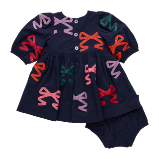 Pink Chicken Baby Girls Brooke Dress Set - Multi Bow Applique
Navy blue dress with colorful bows and matching bloomers on a white background