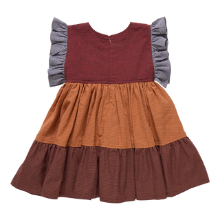 Pink Chicken Girls Kit Dress - Mixed Checks
Children's dress with checkered sleeves and tiered skirt on a white background
