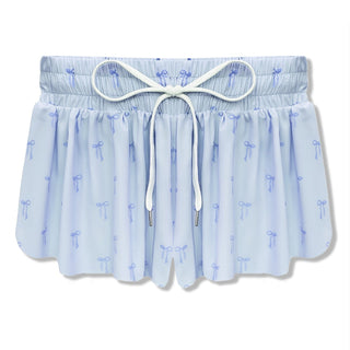 KatieJNYC Tween Farrah Shorts in blue with bow accents, casual denim shorts for tween girls, featuring a relaxed fit and stylish design.