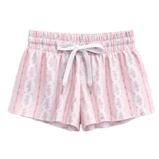 Baby pink cottage stripe shorts for tweens by KatieJ NYC, featuring a comfortable fit and stylish design.