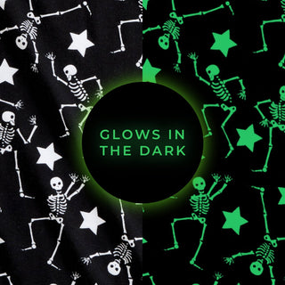 Posh Peanut Funny Bones Glow in the Dark Twirl Dress
Glowing skeleton and star pattern with 'Glow in the Dark' text on a black background.