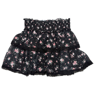 FBZ Black & Pink Floral Lace Trim Skirt
A black tiered tulle skirt with a pink and white floral pattern, featuring a smocked waistband and black lace trim.