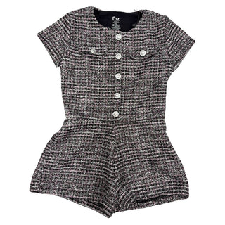 FBZ Black & Pink Tweed Romper
A tweed short-sleeve romper in a black and white textured weave, featuring a button-up front and decorative button details on the chest, shown flat on a white background.