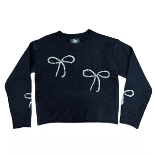 Flowers By Zoe black and white bows sweater featuring a cozy black knit with bow details, stylish and comfortable for everyday wear.