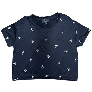 FBZ Black with White Bows Boxy Tee
Navy blue t-shirt with white bow pattern on a white background