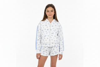 Flowers By Zoe, FBZ Blue Floral with Lace White Zip Up Hoodie, Hoodie - Basically Bows & Bowties
