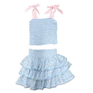 FBZ Blue & Pink Rose Lace Trimmed Tiered Skirt and Blue with Pink Rose Ruched Top
Light blue ruffled dress with pink straps on a white background