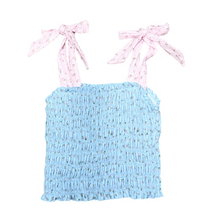 FBZ Blue & Pink Rose Ruched Tie Top
Light blue ruffled top with pink bow straps on a white background