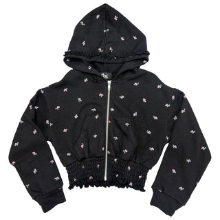 FBZ Ditsy Floral Black Ruffle Trim Zip Hoodie
A black cropped zip-up hoodie with a small pink and white floral print, featuring a smocked elastic hem, ruffled trim, and front pockets.
