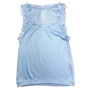 FBZ Eyelet Trim Tank - Blue
Light blue sleeveless top with ruffled details on a white background
