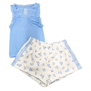 FBZ Eyelet Trim Tank - Blue
Light blue tank top and white shorts with floral patterns on a white background