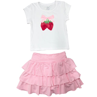 FBZ Strawberry with Pink Bow on White Fitted Tee
FBZ Pink Gingham Tiered Skort
White t-shirt with strawberry design and pink ruffled skirt on a white background
