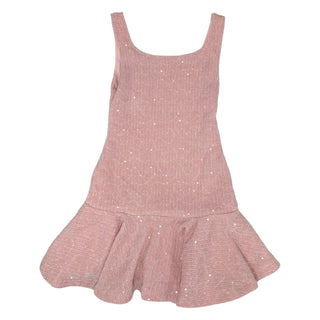 FBZ Pink Knit Sequin Dress A sleeveless dusty rose pink ribbed knit dress with small white sequins scattered across the surface, featuring a scoop neckline and a flared ruffled hem.