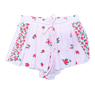 Pink shorts by Flowers By Zoe featuring a vibrant red and pink floral pattern on soft fabric.