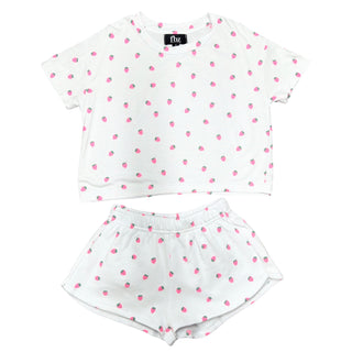 FBZ Pink Strawberry on White Shorts
White top and shorts set with pink polka dots on a white background