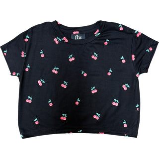 FBZ Red Cherries on Black Boxy Tee
Black t-shirt with cherry pattern on a white background
