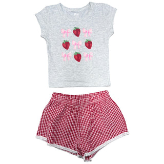 FBZ Strawberries and Bows on Grey Fitted TeeFBZ Red Gingham Lace Trim Shorts
Gray t-shirt with strawberry and bow design and red checkered shorts on a white background