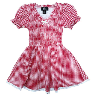FBZ Red Gingham Puff Sleeve Ruched Dress
Red and white checkered dress with lace trim on a white background