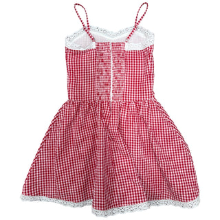 FBZ Red Gingham Sleeveless Dress
Red and white checkered dress with lace trim on a white background