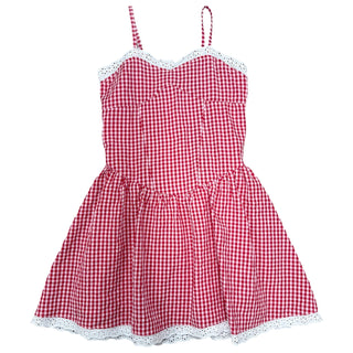 FBZ Red Gingham Sleeveless Dress
Red and white checkered dress with lace trim on a white background